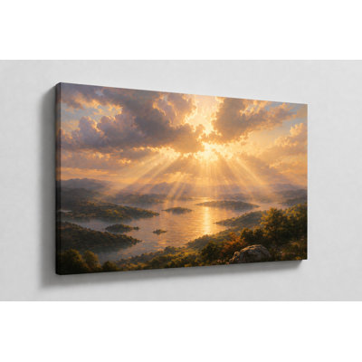 Large Sun Rays Over Lake Wall Art Canvas Print  Golden Color Sky Painting Peaceful Nature Scenic Living Room Bedroom Office Home Decor 24x36 Inch Canvas Print - Ready to hang