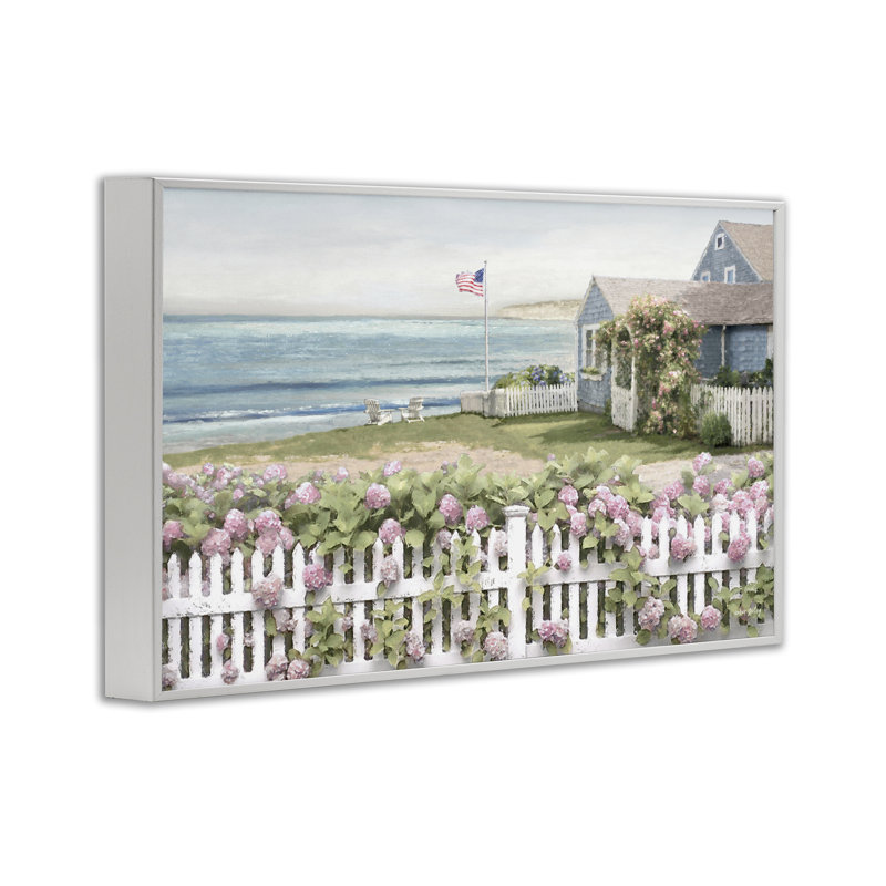  «Coastal Bay Cottage», estampe numérique par Amber Sterling, H 16 po x l 24 po, Giclée encadrée blanc bord de mer