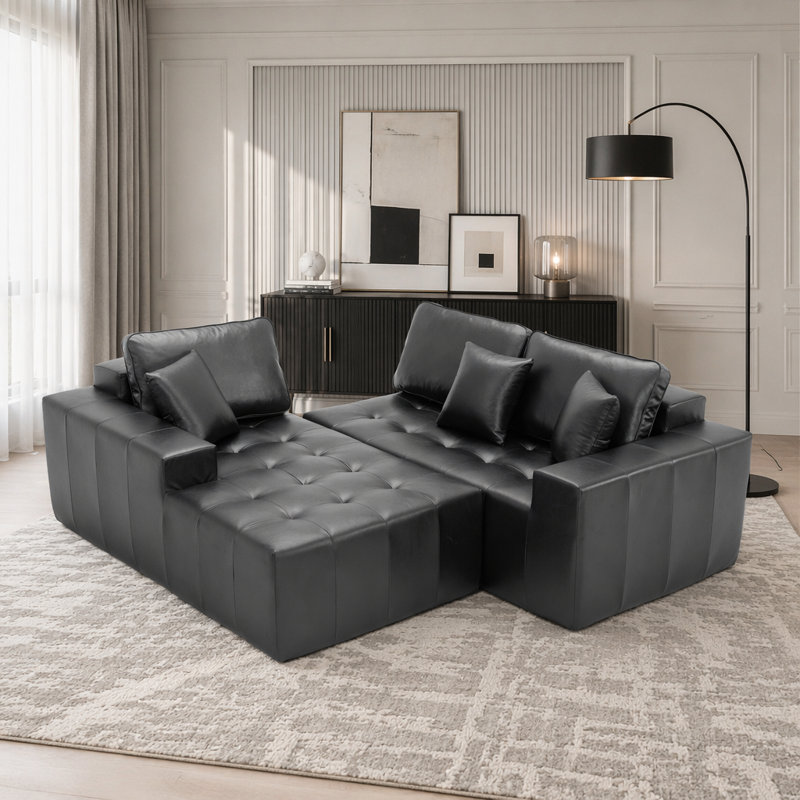 Canapé-lit à compression en L sans assemblage, Black Faux Leather - Left Chaise, Black Faux Leather
