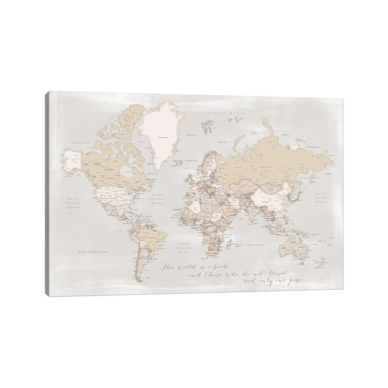 Rustic Detailed World Map The World Is A Book by Blursbyai - Wrapped Canvas Gallery-Wrapped Canvas Giclée