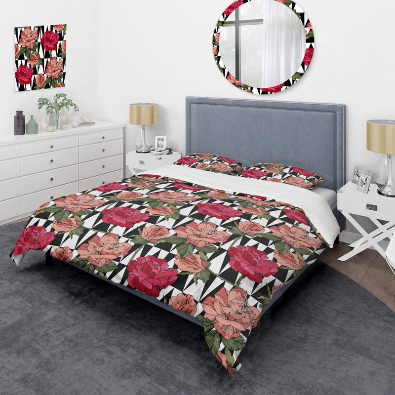 Roses rouges et feuille verte - ensemble de housse de couette à motif floral - microfibre de polyester