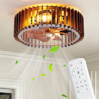 Ventilateur de plafond en bois avec éclairage intégré, 50 cm (19,69 pouces), profil bas, montage encastré, télécommande, pales réversibles, culot E26, style ferme, idéal pour chambre ou salon.