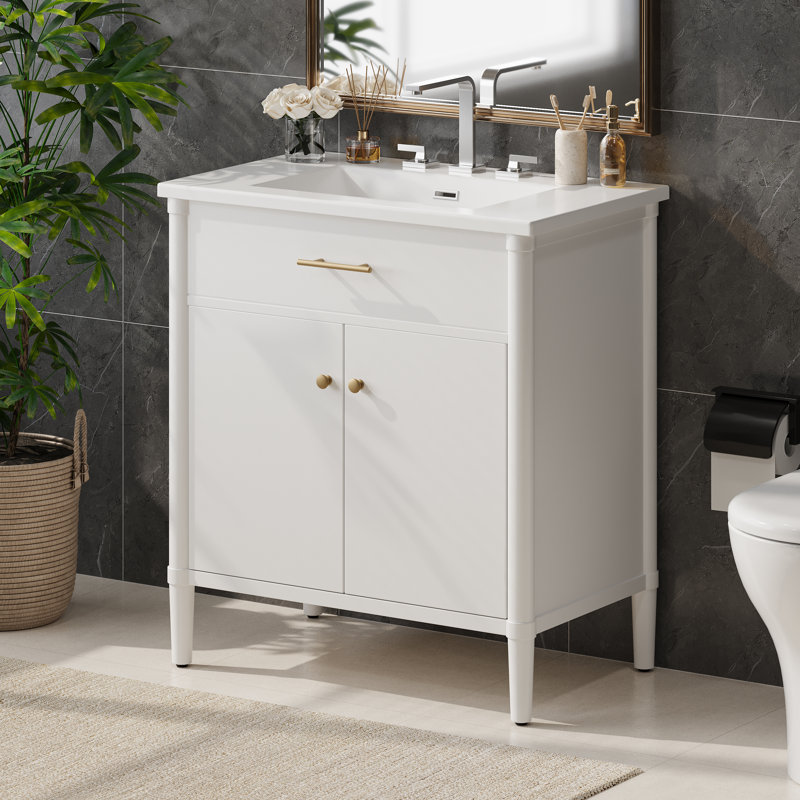 Meuble-lavabo blanc 31 po avec lavabo en céramique, portes à fermeture en douceur et pieds en bois d'hévéa, Blanc