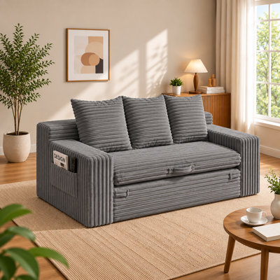 Canapé-lit convertible 4 en 1 sans os de 70 pouces, futon 3 places en velours côtelé avec coussin supérieur amovible, poignée de traction et poche latérale pour salon, chambre et petits espaces