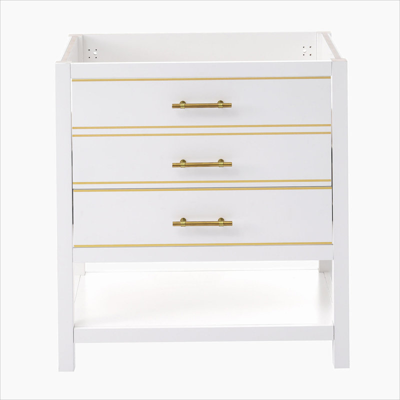 White and Gold 30" Bathroom Vanity Cabinet with Open Storage