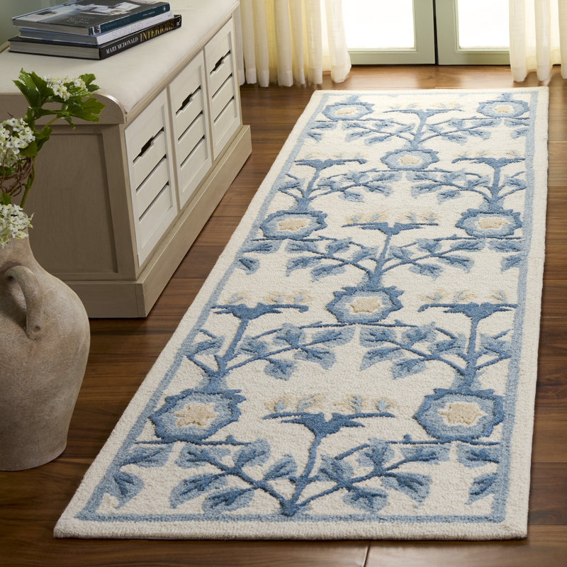 Ivory and Blue Floral Hand-Tufted Wool, Cotton, and Viscose Area Rug, Runner 2'3" x 8'