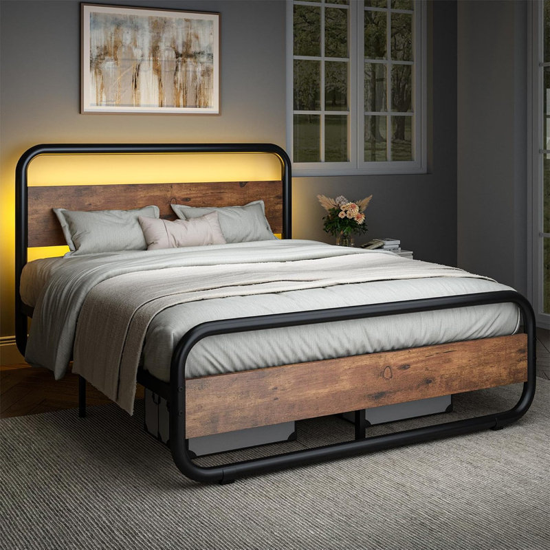 Metal  Bed Frame with LED Headboard and Footboard, Rustic Industrial Heavy Duty Wooden Platform Bed Frame with Under Bed Storage, Noise Free, No Box Spring Needed