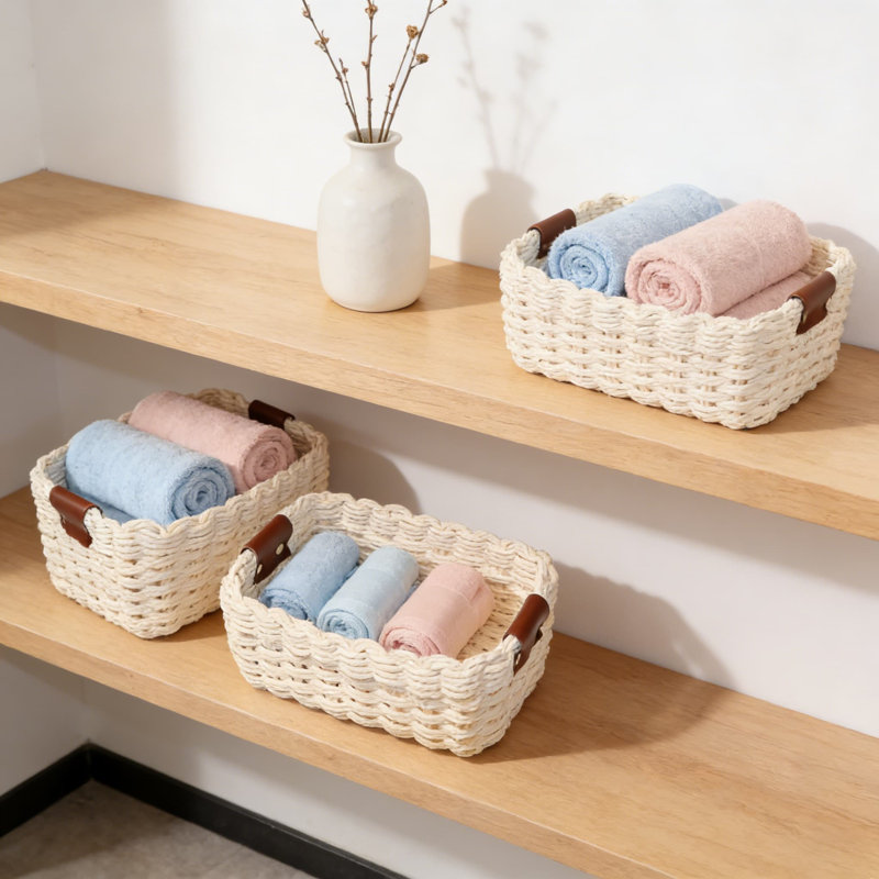 Handwoven Storage Baskets Set Of 3, Eco-Friendly Recycled Paper Rope Organizer Bins With Vegan Leather Trim For Shelves, Bathroom, Desk, And Home Decor