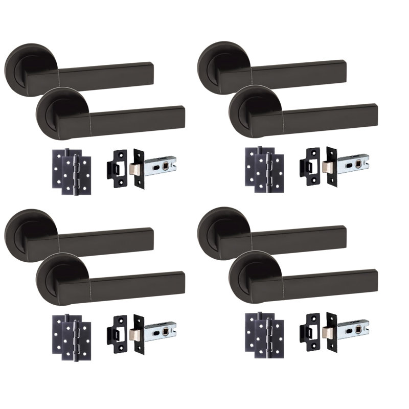  4 Pairs Capri Design Door Handles on Round Rose in Matt Black Finish with 2.5" Tubular Latch and 3" Ball Bearing Hinges - 52mm Diameter