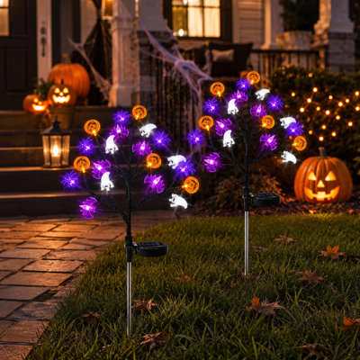 Lot de 2 lampes solaires de sentier pour l'Halloween avec motifs de fantômes, chauves-souris et citrouilles