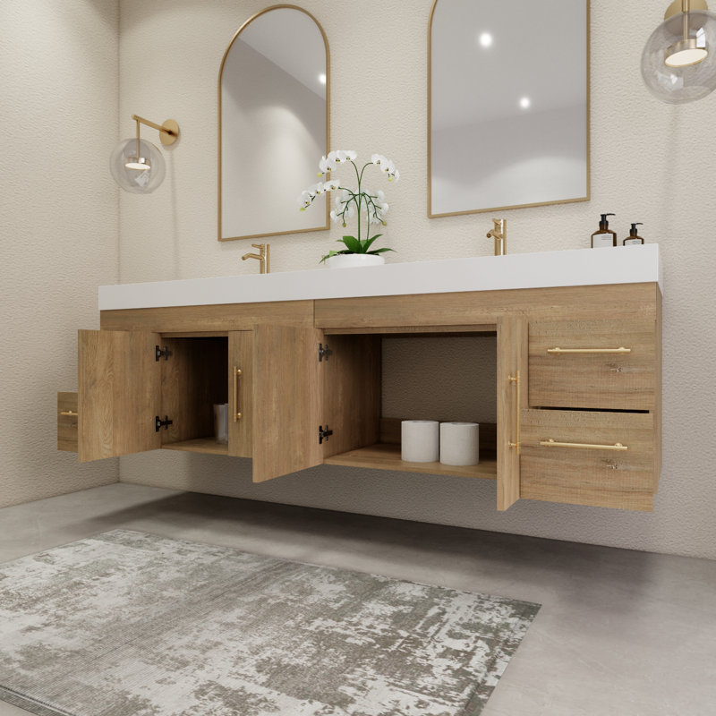 83.4" Wall-Mounted Double Bathroom Vanity Set, Oak