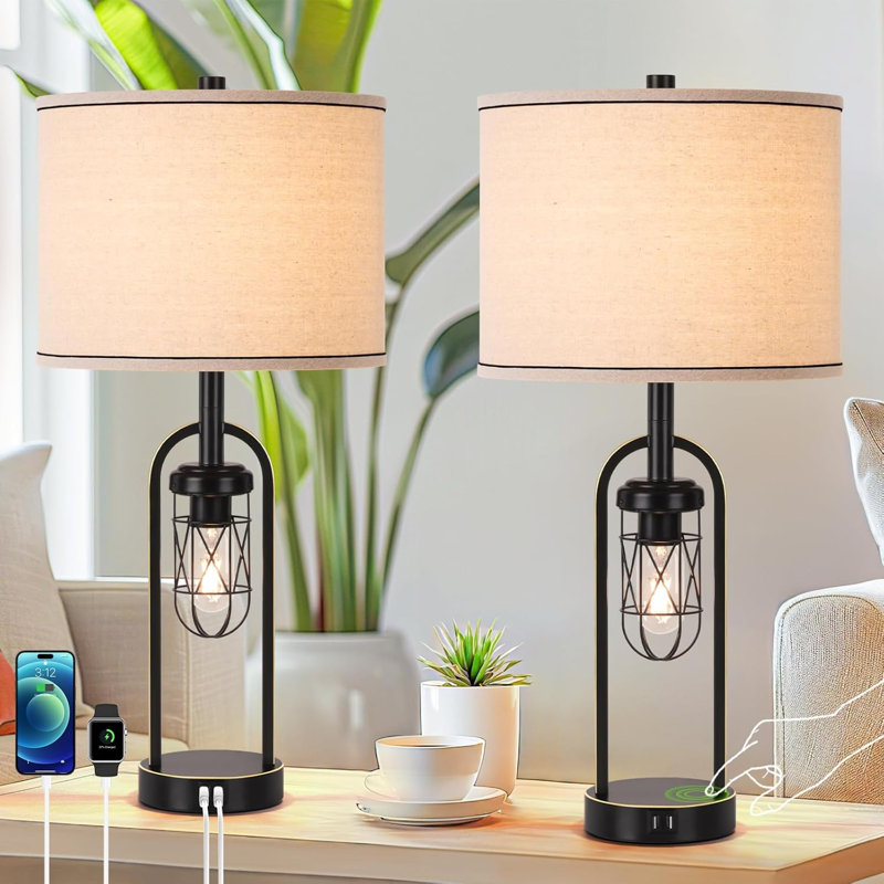 Black Touch Control Table Lamp Set Of 2, Dimmable Metal Bedside Lamps With Industrial Cage Nightlight, 27 Inches