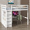 Lit mezzanine double en bois avec garde-robe intégrée, bureau, tablettes de rangement et tiroirs