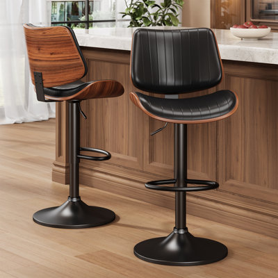Set Of 2/4 Swivel Bar Stools With Adjustable Height, Bentwood Back, PU Leather Seat, And Footrest – Modern Counter Height Chairs For Kitchen Island, Dining Room, Or Home Bar, Comfortable & Easy To Clean