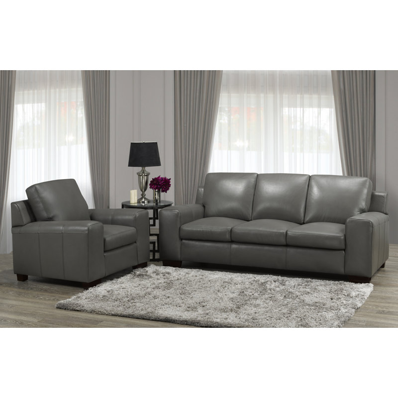 Canapé en cuir véritable 86 po Davontai, Cuir gris pierre
