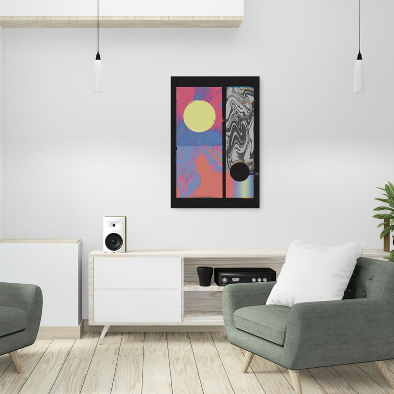 Cercles cosmiques glitch abstraits et colorés, paysage contemporain, impression d'art mural nature, H 36 po x l 24 po