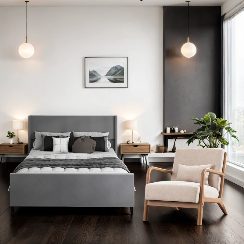 Ensemble de chambre à coucher 2 pièces avec lit à lattes rembourré Vestel et tête de lit haute, Très grand