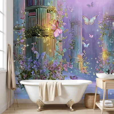 Papier peint adhésif peler et coller Pastel Fantasy Art Livres à papillons fleurs Papier autocollant amovible pour décoration de salon Chambre à coucher H 100 po x l 144 po