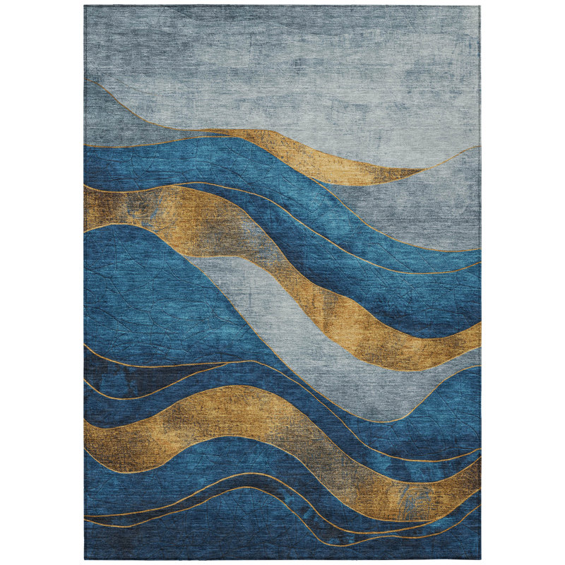 Machine Washable Indoor/Outdoor Xhevrie Blue Rug, Rectangle 2'6" x 3'10"