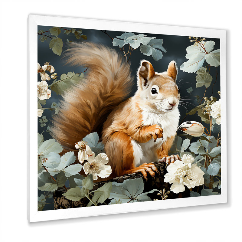 «Brown and Green Forest Squirrel Blooms» - art mural animal écureuil, H 36 po x l 36 po x P 1,5 po, Cadre simple blanc