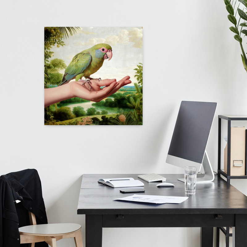 Art contemporain, paysage abstrait, oiseau, printemps, H 18 po x l 18 po
