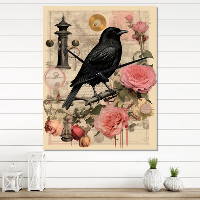 Black Crow Vintage Illustration - Crow Vintage Wall Clock