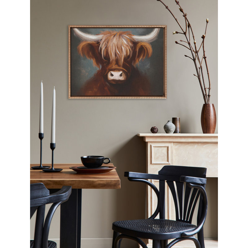 «Highland Cow», peinture sur toile de lin neutre par The Creative Bunch Studio, reproduction d'art sur toile encadrée