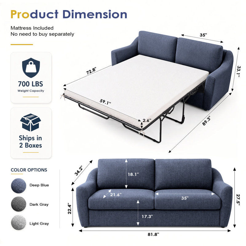 Queen Size Pull Out Sleeper Sofa Bed with Memory Foam Mattress, Convertible Sofa Couch for Living Room, Guest Room & Small Space