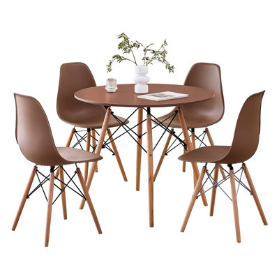 5-Piece Round Dining Table Set for 4, 35.5” Kitchen Table with Chairs, Solid Wood Legs, Plastic Seats, Brown