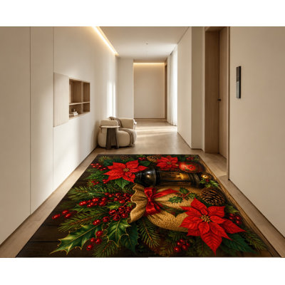 Christmas Themed Machine Washable Area Rug with Non‑Slip Backing, Red Poinsettia Holly Berry Lantern Gift Bag Print Pattern Floor Carpet, Cozy Indoor Home Decor for Living Room, Bedroom, Entryway, Kitchen, Balcony, Apartment