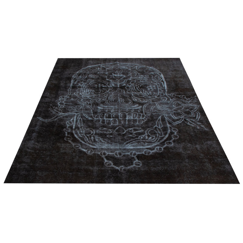 Tapis floral noir en laine noué à la main 9 pi x 12 pi 1 po Floral