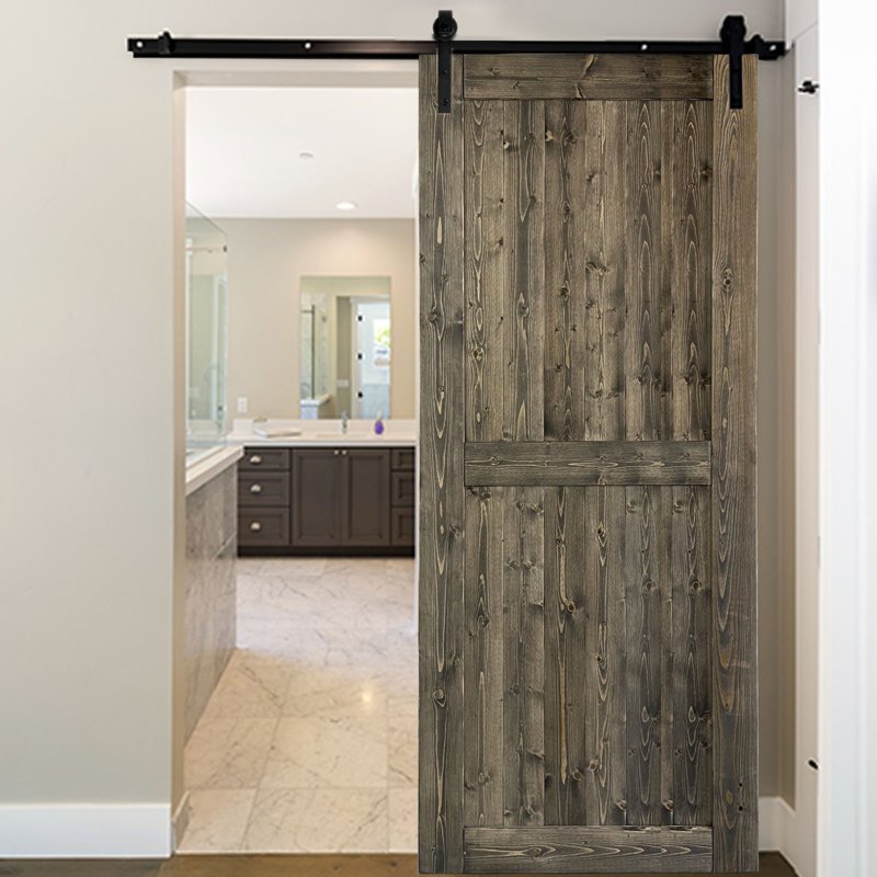 Porte de grange en bois massif brun avec trousse de quincaillerie d'installation, 36 po x 84 po