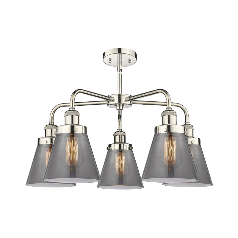 Lustre suspendu 5 lumières Cone, Plaqué couleur fumée, Nickel poli