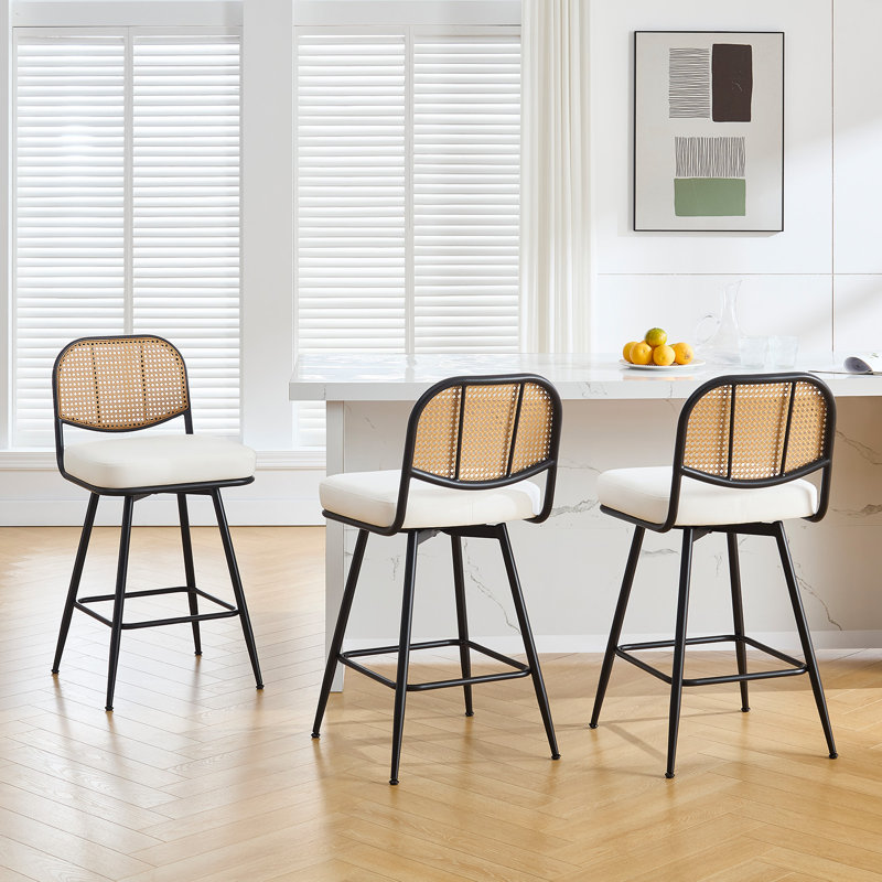 Upholstered Swivel Counter Stool With Rattan Backrest, Counter Stool (26” Seat Height), White