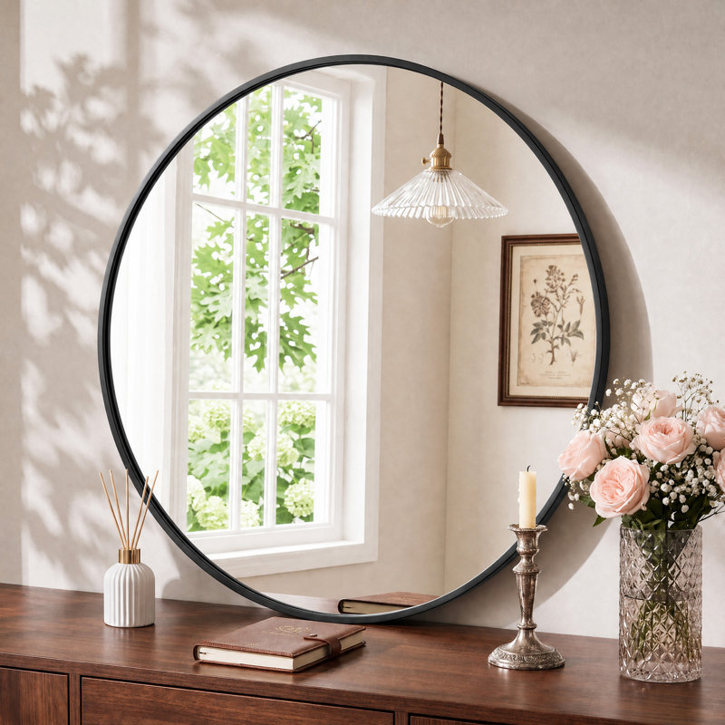 Miroir mural rond en métal, Noir, noir, noir, noir, 28 po x 28 po
