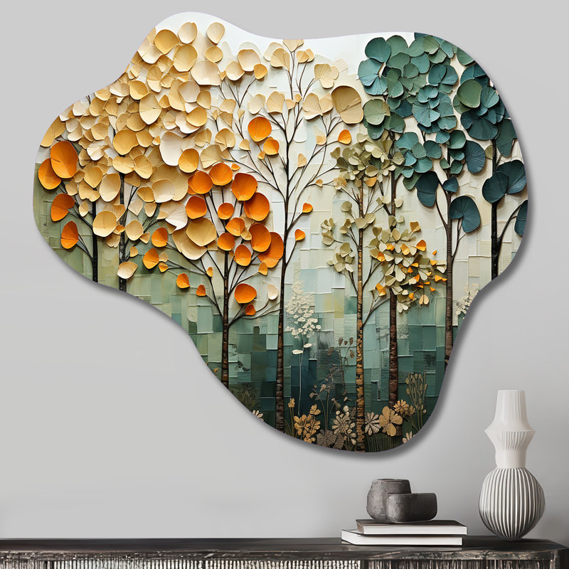 «Orange Green Trees Canopy Patchwork I», impression de nuage d'arbres sur métal, décoration murale asymétrique traditionnelle en métal