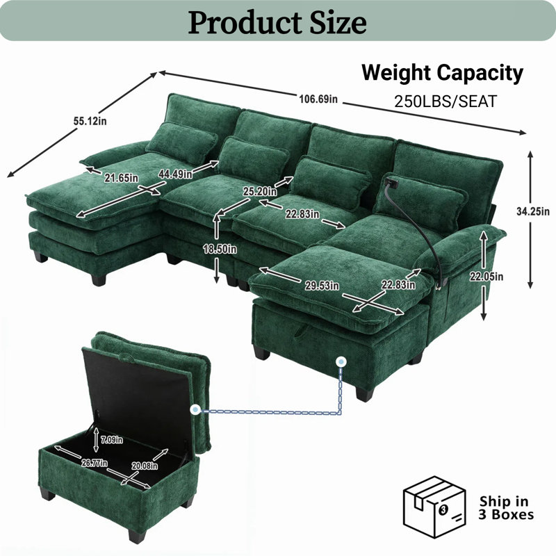 106" U Shaped Sectional Sofa Set with Storage Ottoman & USB Ports, Modular Cloud Couch with Chaise Lounge & Pillows, Green