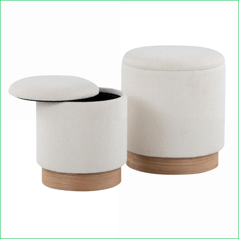 Nesting Ottomans Set of 2, Contemporary Cream Terry Cloth Natural Wood Base by LumiSource | Space-Saving | Natural Wood | Tan Brown