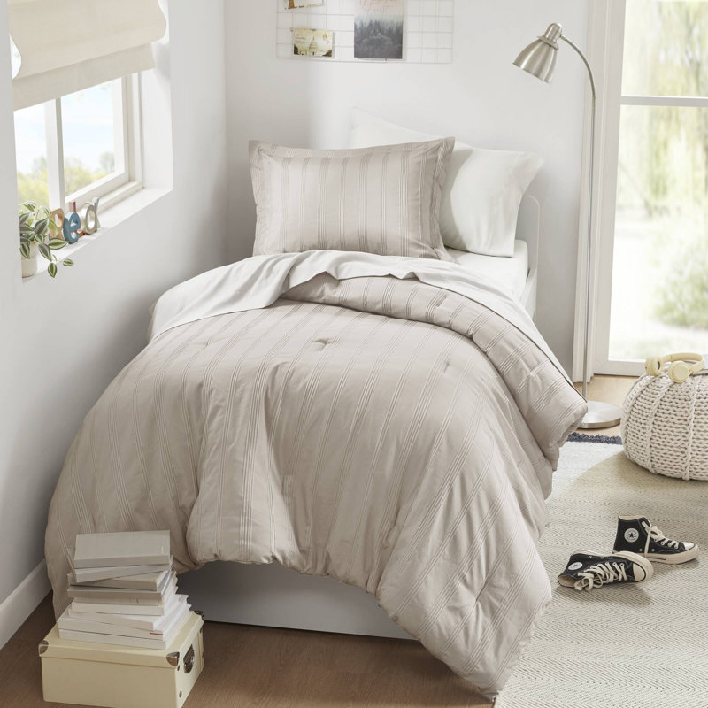 Ensemble de literie 5 pièces neutre, édredon en polyester à motif rayé pour dortoirs et appartements
