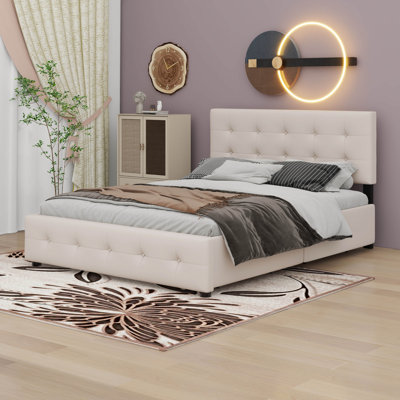 Upholstered Platform Bed With Classic Headboard And 4 Drawers, Queen Size