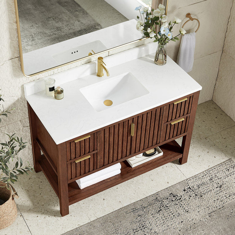 Chace 48" Single Bath Vanity with Grain Composite Stone Top, Aged Dark Brown Oak/Brushed Gold