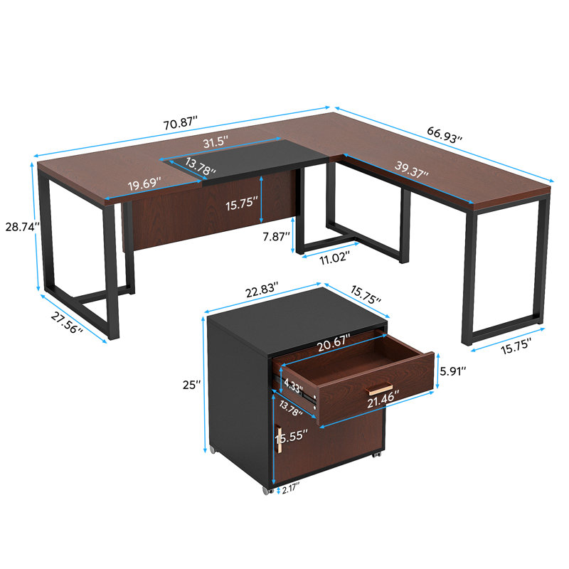 Trisca 70.8" W L-Shaped Executive Desk with Storage Cabinet, Dark Walnut/Black