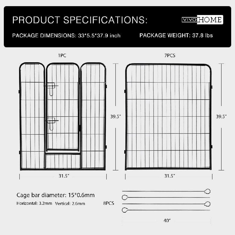 40'' 8 Panel Metal Pet Fence Playpen