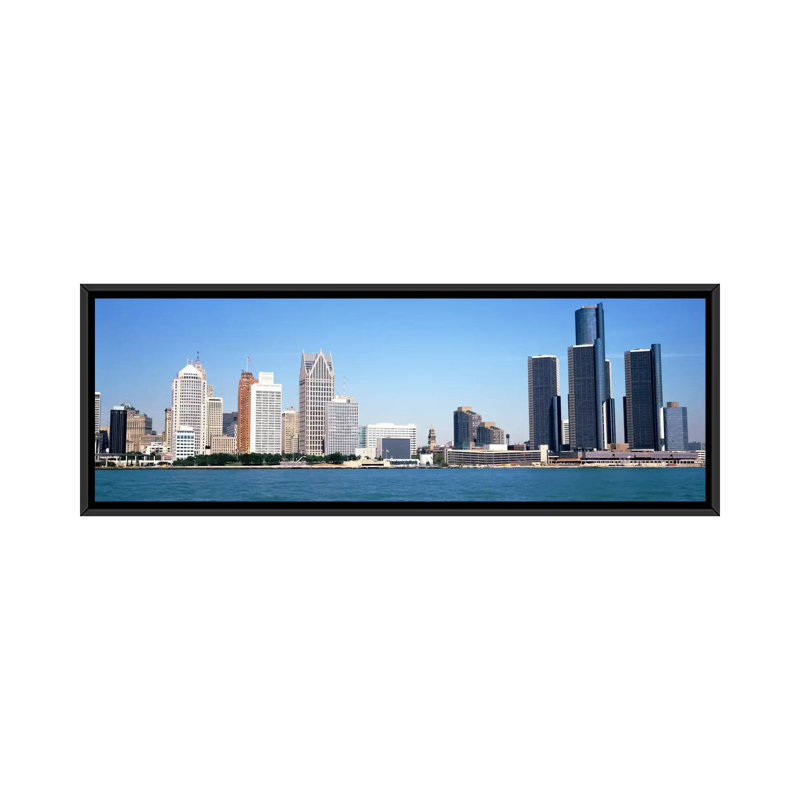 «Skyline Detroit MI USA», reproduction de photo panoramique non encadrée sur toile, H 12 po x l 36 po x P 1,5 po, Cadre noir