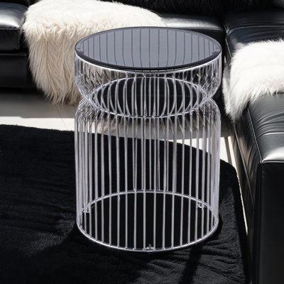 Table d'appoint ronde moderne dorée avec surface en verre trempé teinté, hauteur de 24 po, structure ouverte, autoportante, finition brillante pour la surface de vie en verre noir, hauteur, design, pièce