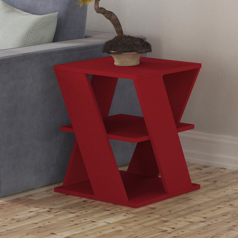 Cateline Geometric Floor Shelf End Table with Storage, Burgundy