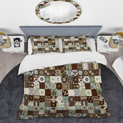 Brown Ornament Patchwork Polyester Geometric Shapes Duvet Cover