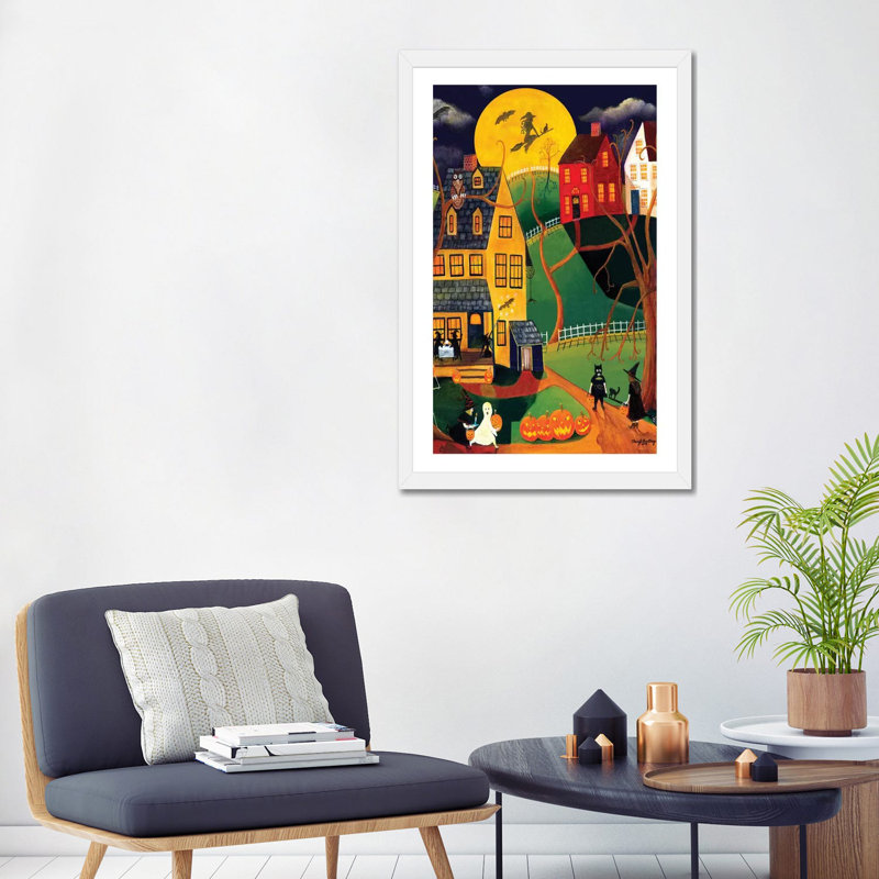 Impression d’art graphique, "Halloween Trick or treat" par Cheryl Bartley, H 32 po x l 24 po x P 1 po, Papier encadré blanc