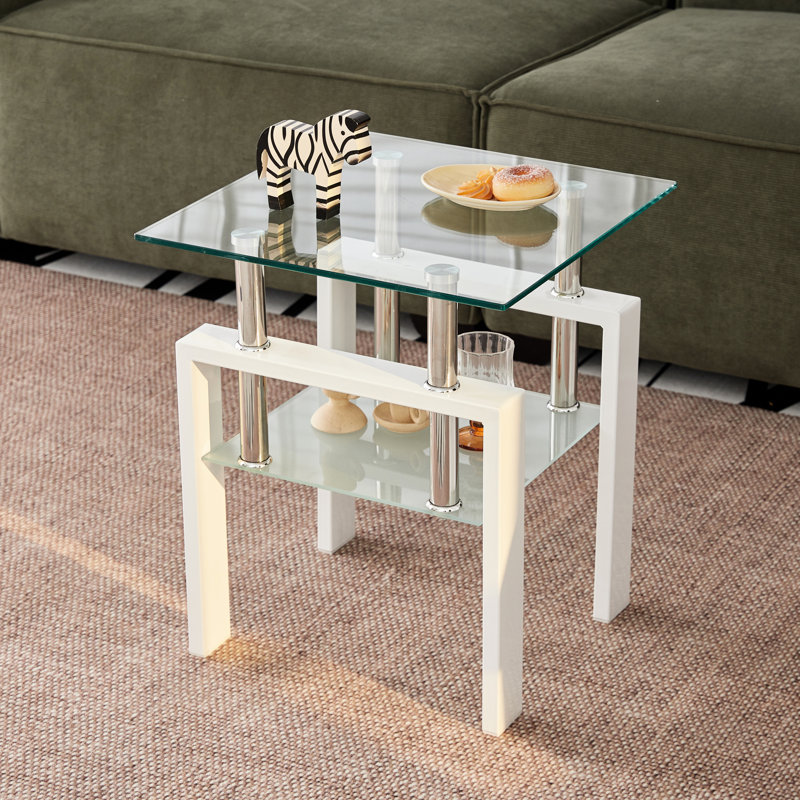 Table d'appoint en verre trempé transparent avec rangement, design carré, facile à nettoyer, pour la maison et le bureau