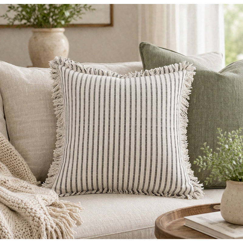 Housse de coussin décoratif à rayures grises 18 po x 18 po - Mélange de coton, Gray